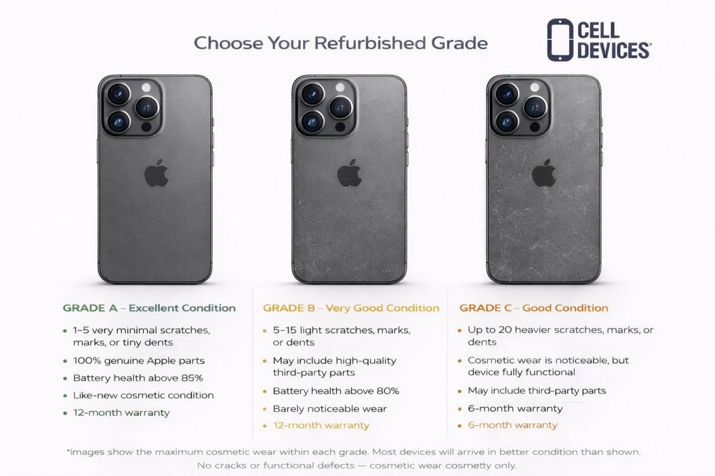 Three gray smartphones with Apple logos on a white background, accompanied by text describing different refurbishment grades.