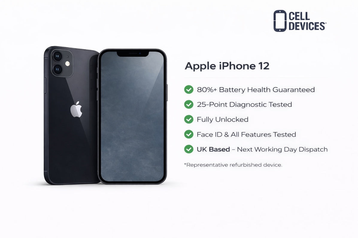Two black Apple iPhones 12 on a white background with Cell Devices branding and product details.